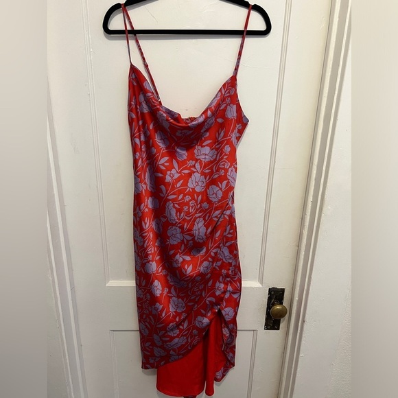 LOVERS + FRIENDS Noah Faux Wrap Dress Red & Purple Lined Spaghetti Strap Sz L - Picture 3 of 11